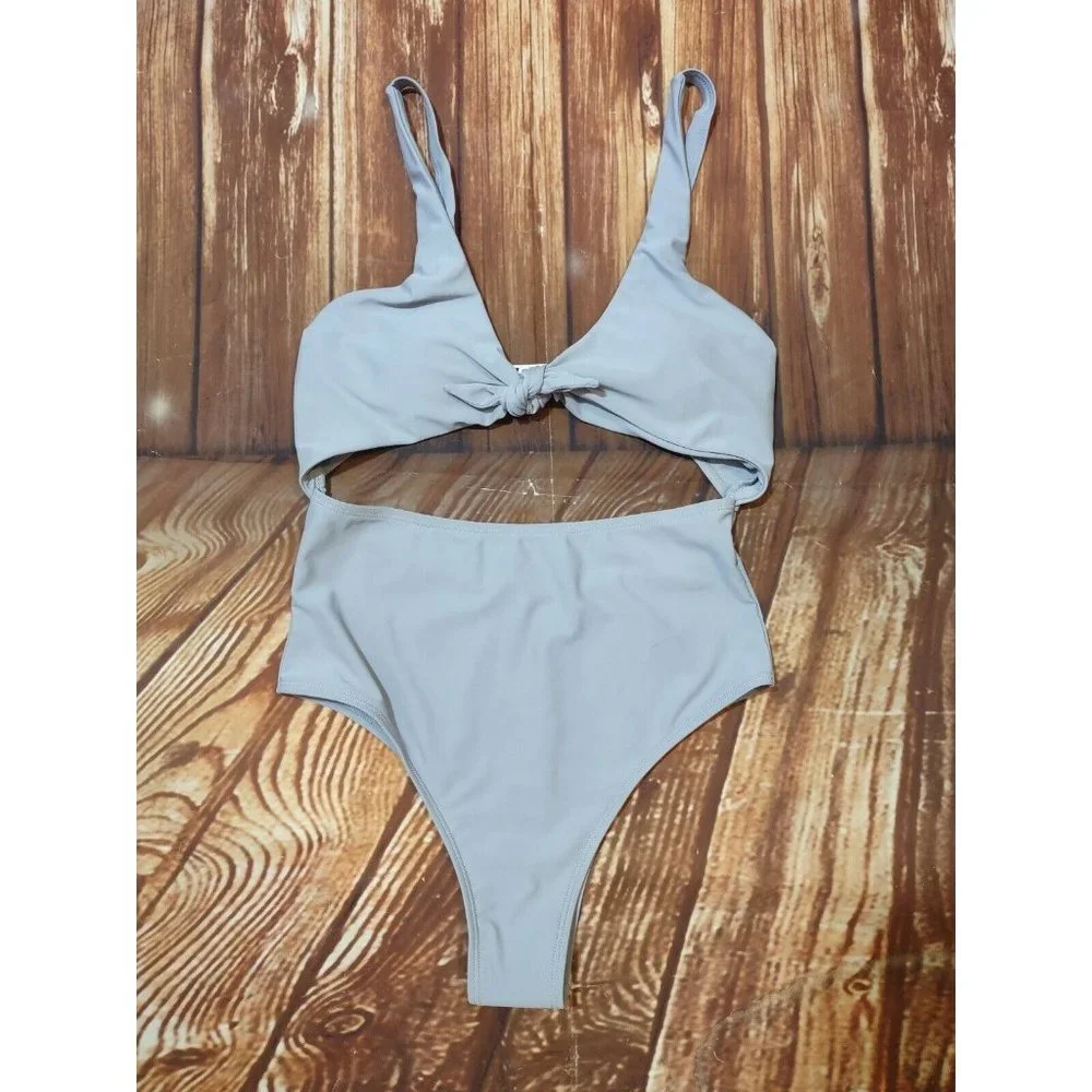 Monokini Swimsuit Light Gray Knot Front Solid One Piece Womens Size Small - Picture 1 of 10